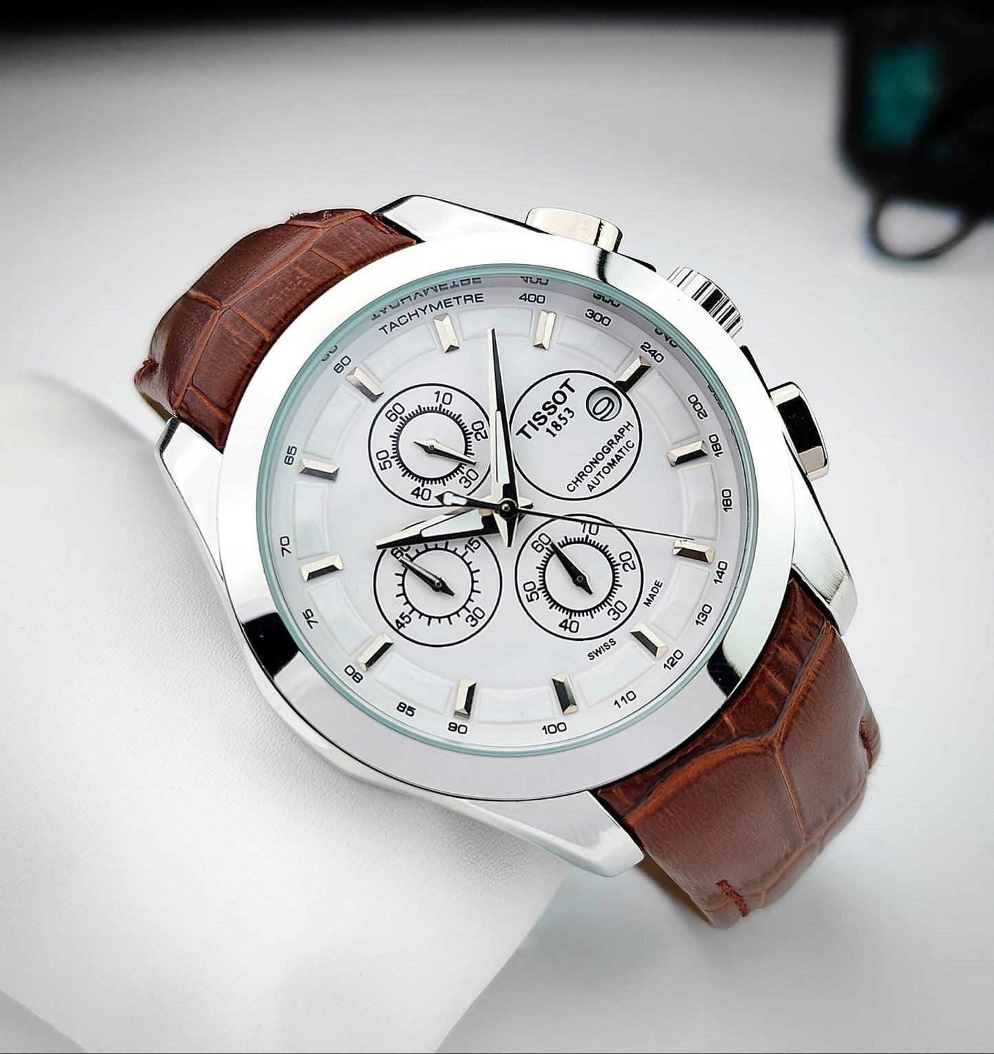 Tisso Leather Regular Silver Body white dial brown belt