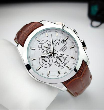 Tisso Leather Regular Silver Body white dial brown belt