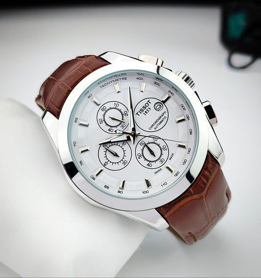 Tisso Leather Regular Silver Body white dial brown belt