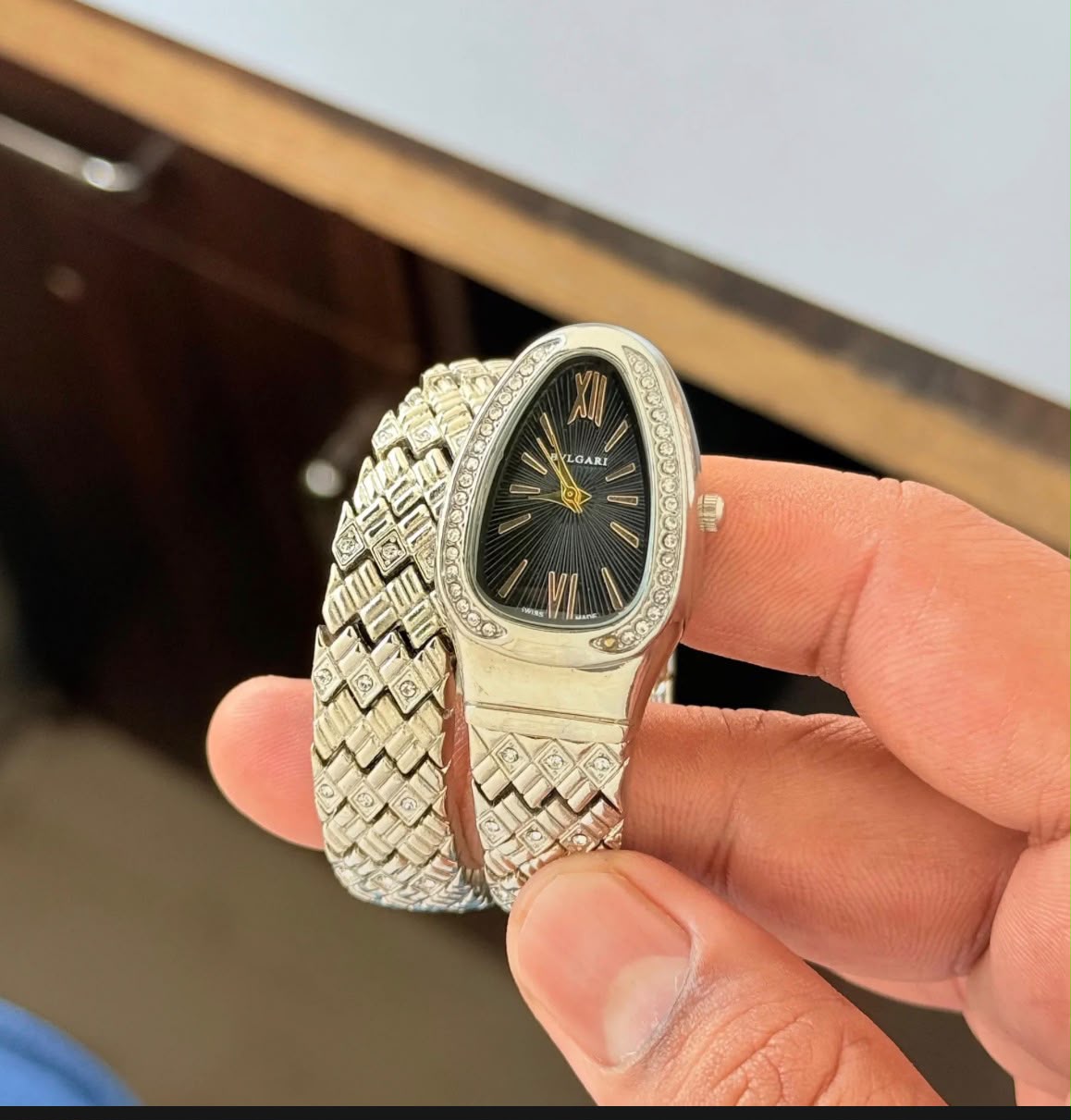 Bulgari Snake Diamond Belt 
 Silver black Dial Womens Watch