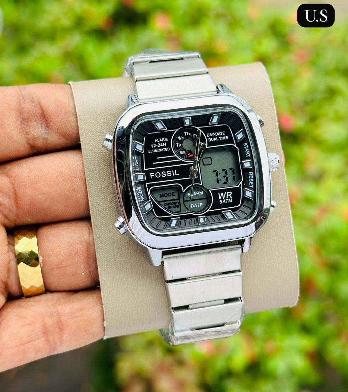 Fos Retro Edition Dual Machine Silver Black Watch ( Battery Operated )
