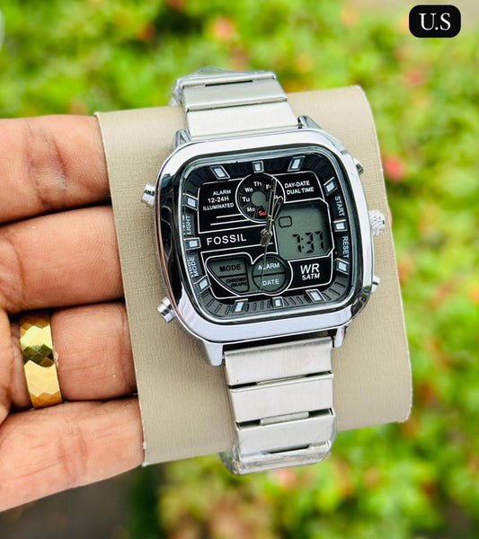 Fos Retro Edition Dual Machine Silver Black Watch ( Battery Operated )