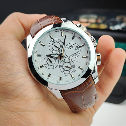 Tisso Leather Regular Silver Body white dial brown belt