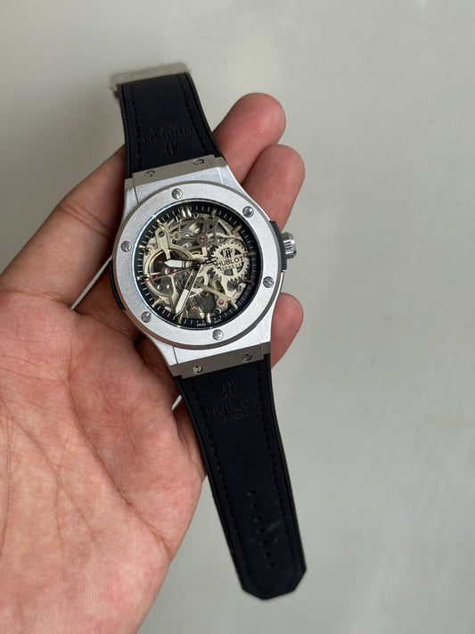 HUBLO FULLY AUTOMATIC SILVER GREY DIAL BLACK  BELT WATCH