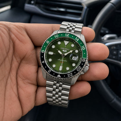 Seko Gmt Silver Green Watch 
( Battery Operated Looks Like Automatic )