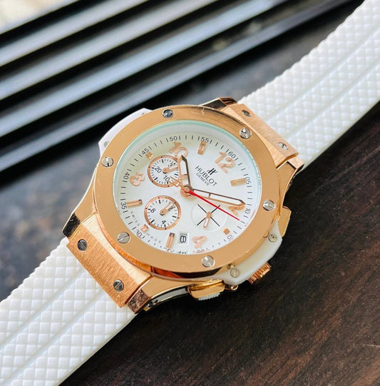HUBLO BIG BANG ROSE GOLD DIAL WHITE BELT QUARTZ WATCH