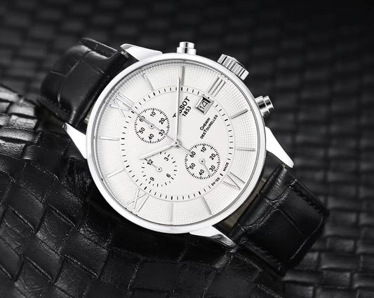 TISSO Black LEATHER BELT ROMAN White   DIAL CHRONOGRAPH WATCH