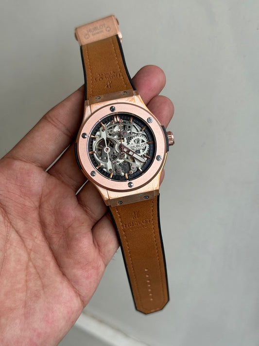 HUBLO FULLY AUTOMATIC ROSE GOLD BROWN  BELT WATCH