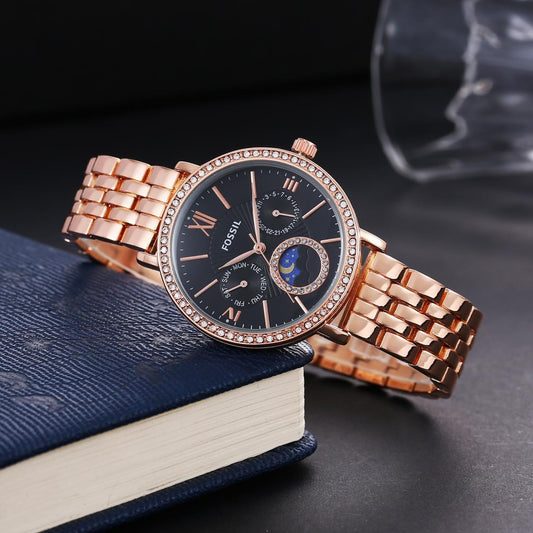 Fos Girls Roman Rose Gold Black Dial Diamond