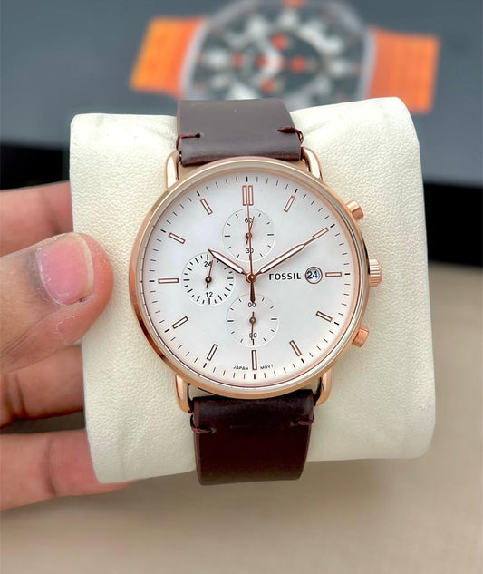 Fos Comuter Rose gold dial Brown Leather Belt Chronograph watch