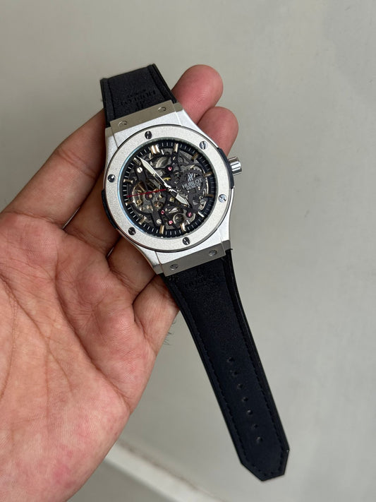 HUBLO FULLY AUTOMATIC SILVER BLACK DIAL BLACK  BELT WATCH
