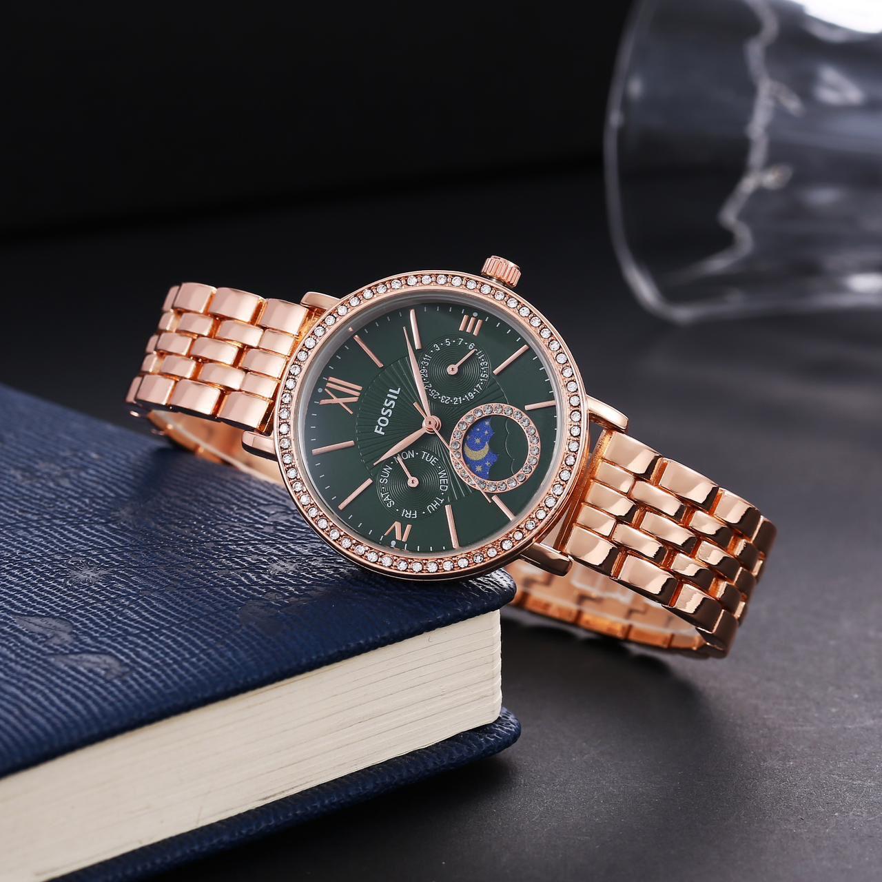 Fos Girls Roman Rose Gold Green Dial Diamond