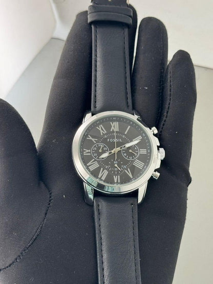 Fos Roman Dial Silver Black Leather Belt Watch ( Battery Operated )