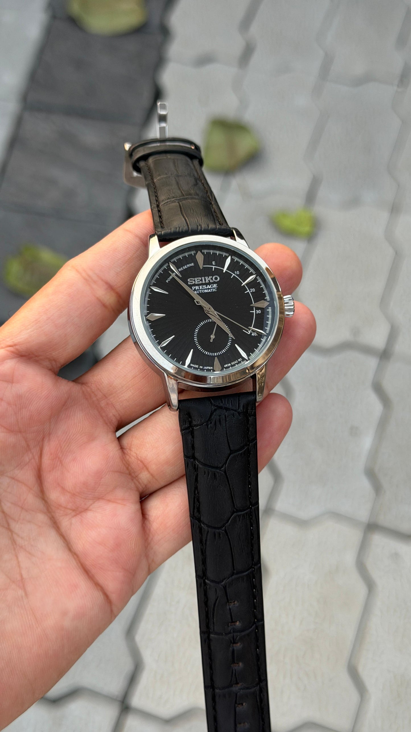 SEKO AUTOMATIC PRESAG EDITION BLACK  LEATHER BELT WATCH