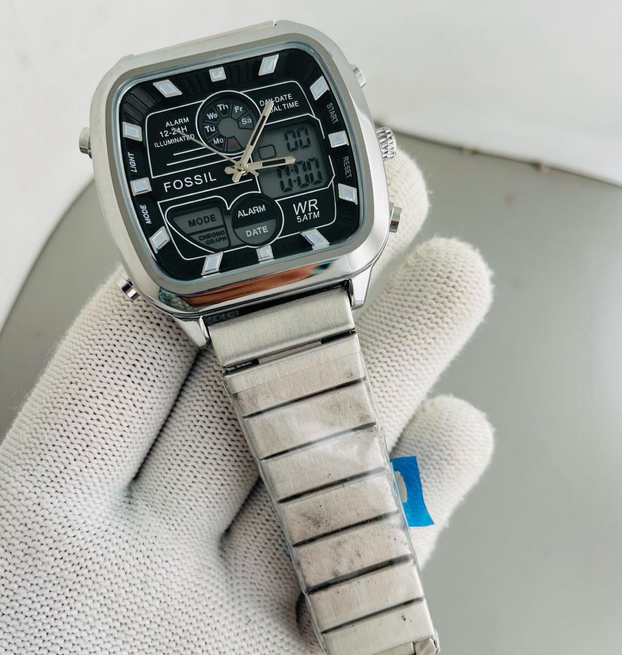 Fos Retro Edition Dual Machine Silver Black Watch ( Battery Operated )