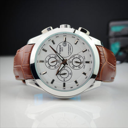 Tisso Leather Regular Silver Body white dial brown belt