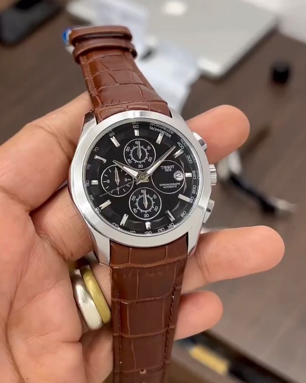 Tisso Leather Regular Silver Body black  dial brown belt