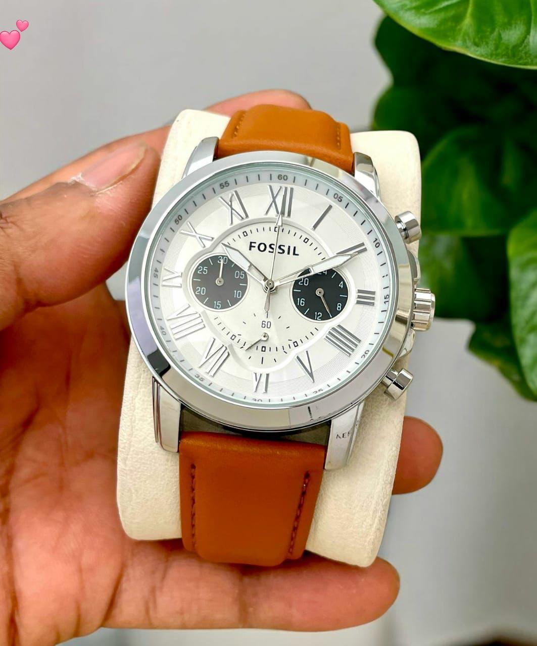Fos Roman Dial  silver  white brown Leather Watch ( Battery Operated )