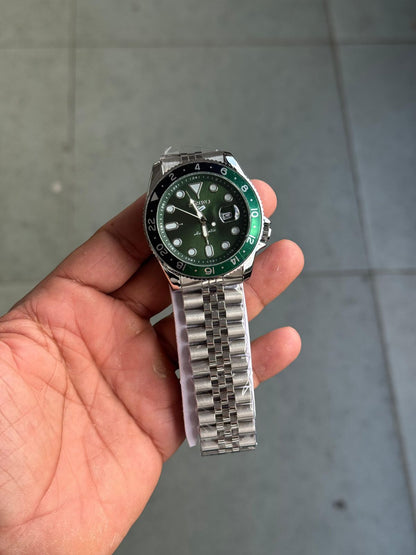 Seko Gmt Silver Green Watch 
( Battery Operated Looks Like Automatic )