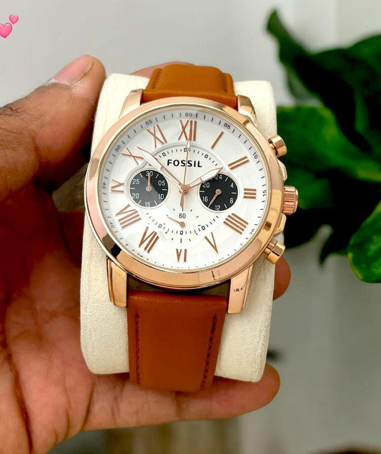 Fos Roman Dial  Rose white brown Leather Watch ( Battery Operated)